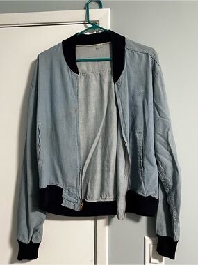 VintageLight Blue Bomber Jacket with Black Trim